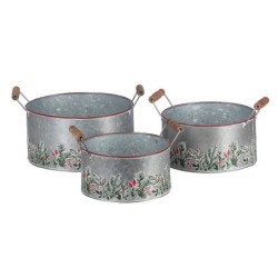 Set de 3 bassines rondes de Noël en métal gris à 2 poignées  grossiste en contenants de Noël pour fleuristes