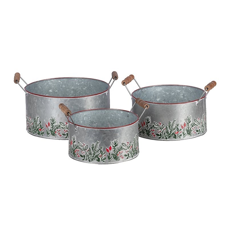 Set de 3 bassines rondes de Noël en métal gris à 2 poignées  grossiste en contenants de Noël pour fleuristes