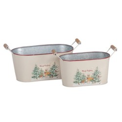 Set de 2 jardinières ovales de Noël en métal blanc cerfs et sapins  grossiste en jardinières de Noël