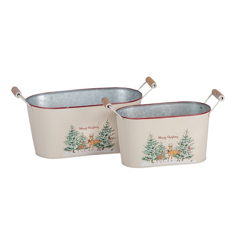 Set de 2 jardinières ovales de Noël en métal blanc cerfs et sapins  grossiste en jardinières de Noël