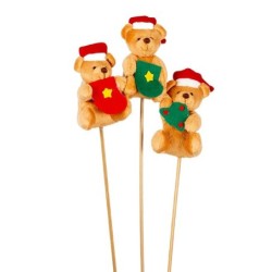 Pique ourson bonnet de Noël sur tige 50 cm  lot de 12  3 décors  grossiste en piques de Noël