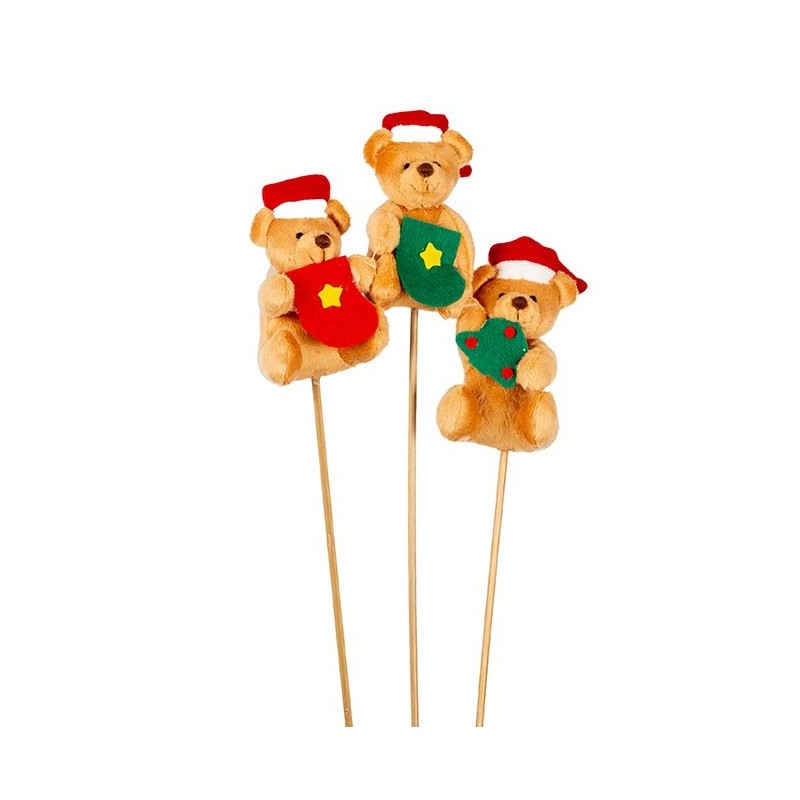 Pique ourson bonnet de Noël sur tige 50 cm  lot de 12  3 décors  grossiste en piques de Noël