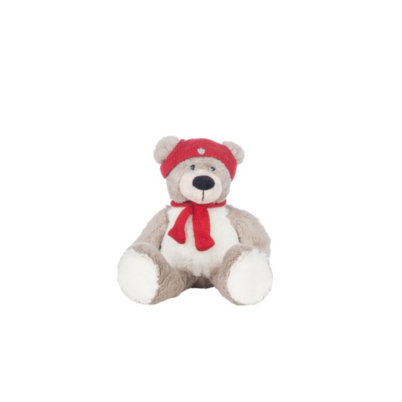 Ourson en peluche bonnet et écharpe rouges H.20 cm  grossiste en peluches  vente en gros pour fleuristes
