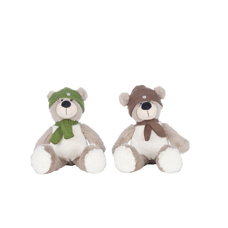 Ourson en peluche bonnet et écharpe H.20 cm - 2 couleurs assorties  grossiste en peluches  vente en gros pour fleuristes