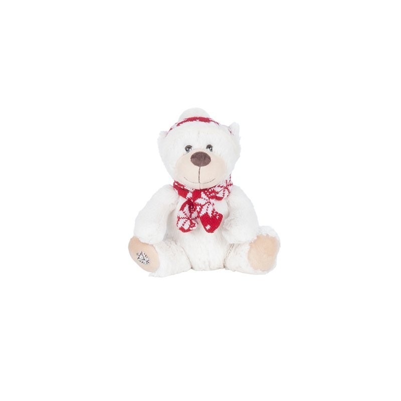 Ourson de Noël en peluche blanc bonnet et écharpe rouges H.20 cm  grossiste en peluches de Noël