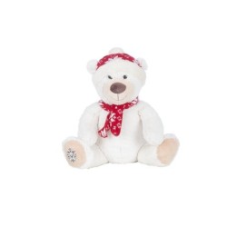 Ourson de Noël en peluche blanc bonnet et écharpe rouges H.30 5 cm  grossiste en peluches de Noël