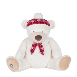 Ourson de Noël géant en peluche blanc bonnet et écharpe rouges H.80 cm  grossiste en décoration de vitrine
