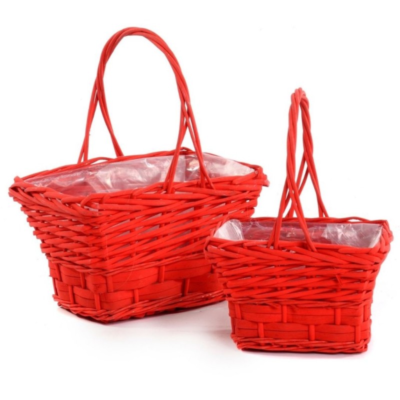Panier rectangulaire en osier rouge à anse  set de 2 - grossiste en vannerie pour fleuristes