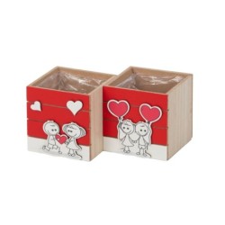 Cache-pot cube en bois rouge et blanc décor couple d'enfants 8 cm - grossiste en contenants pour fleuristes