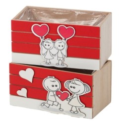 Jardinière en bois rouge et blanc décor couple d'enfants 22 x 12 cm - grossiste en contenants pour fleuristes