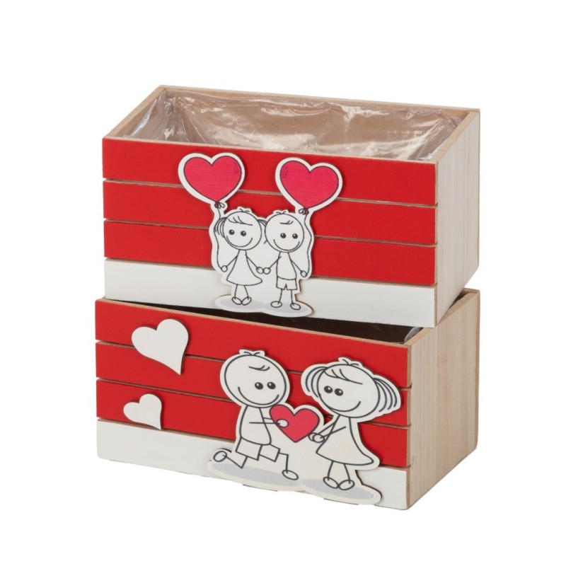 Jardinière en bois rouge et blanc décor couple d'enfants 18 x 10 cm - vente en gros pour fleuristes