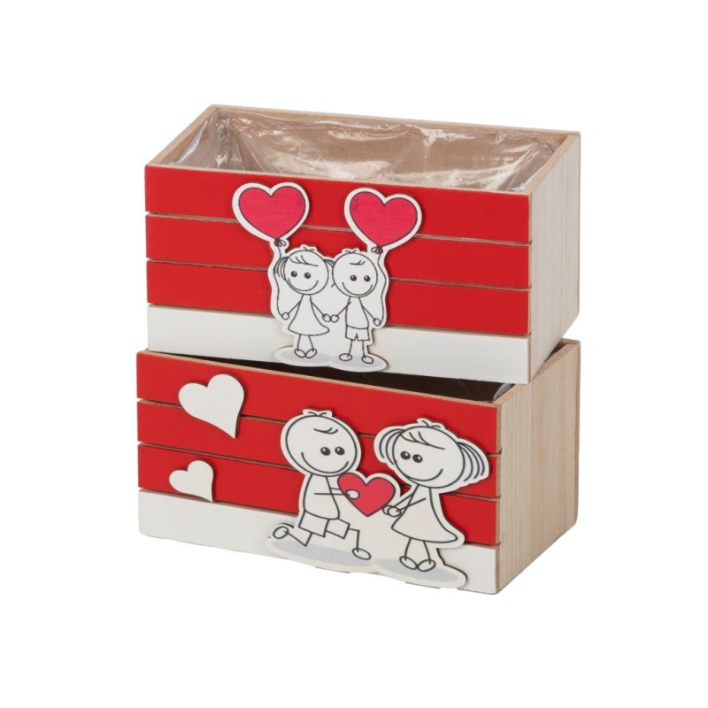 Petite jardinière en bois décor couple d'enfants 15 x 8 cm - grossiste en contenants pour fleuristes