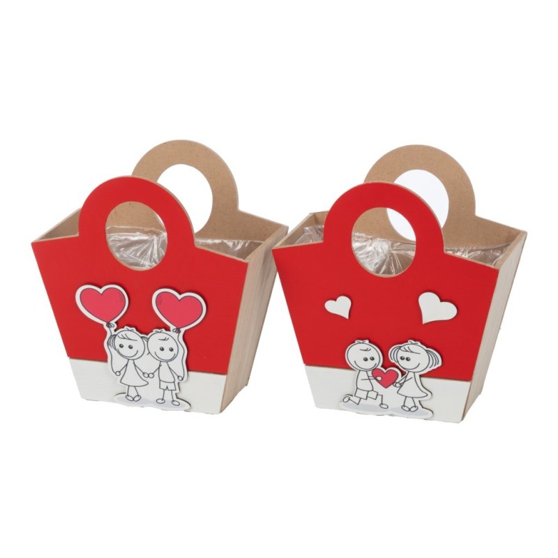 Panier sac en bois rouge et blanc décor couple d'enfants 20 x 13 5 cm - grossiste en contenants pour fleuristes