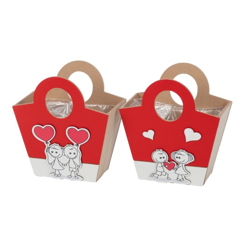Petit panier sac en bois décor couple d'enfants 14 5 x 11 cm - vente en gros pour fleuristes