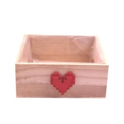 Caisse carrée en bois naturel cœur pixel rouge 22 5 x 22 5 cm - vente en gros pour fleuristes