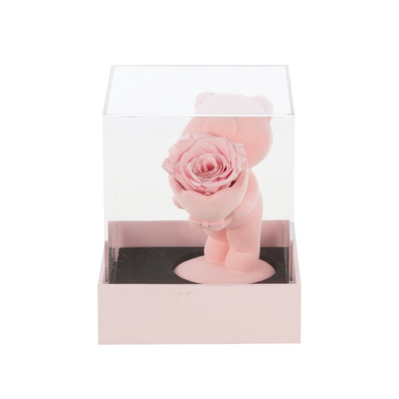 Ourson rose avec rose en boîte plexiglas 7 x 10 H.13 cm - grossiste en décoration pour fleuristes