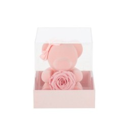 Ourson rose avec rose en boîte plexiglas 13 x 13 H.16 cm  grossiste en boîtes à rose
