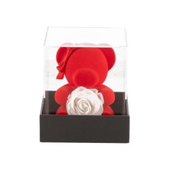 Ourson rouge avec rose en boîte plexiglas 13 x 13 H.16 cm  grossiste en cadeaux de Saint-Valentin