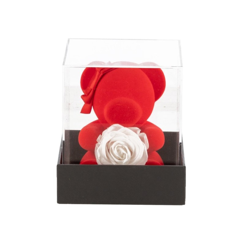 Ourson rouge avec rose en boîte plexiglas 13 x 13 H.16 cm  grossiste en cadeaux de Saint-Valentin