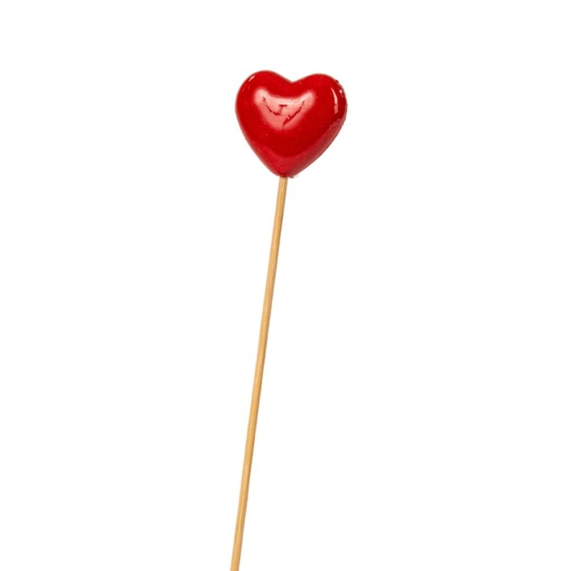 Petit pique cœur rouge brillant Ø4 H.35 cm lot de 18  grossiste en piques pour fleuristes