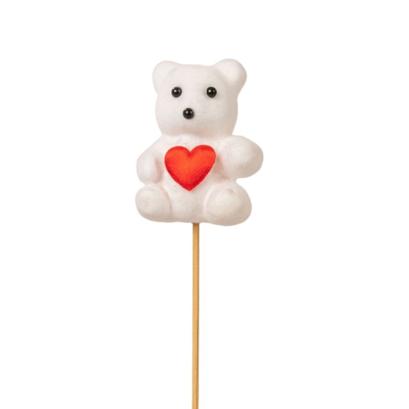 Pique ourson blanc avec cœur rouge H.35 cm lot de 18  vente en gros pour fleuristes