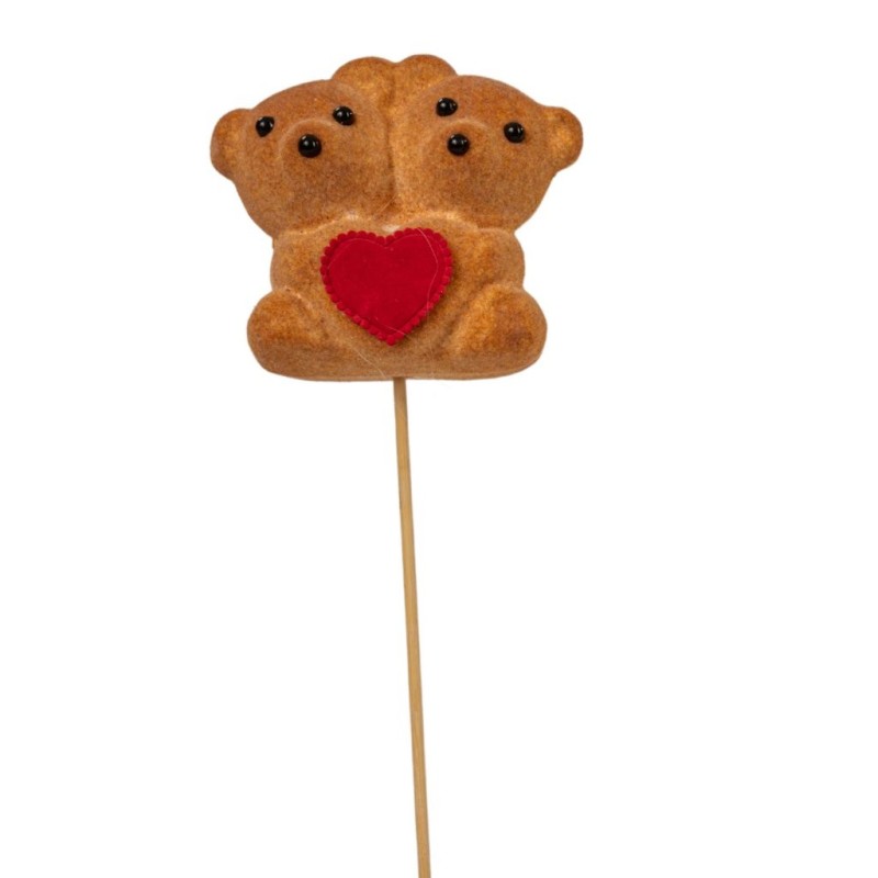 Pique oursons enlacés beige avec cœur rouge H.35 cm lot de 18  grossiste en piques de Saint-Valentin
