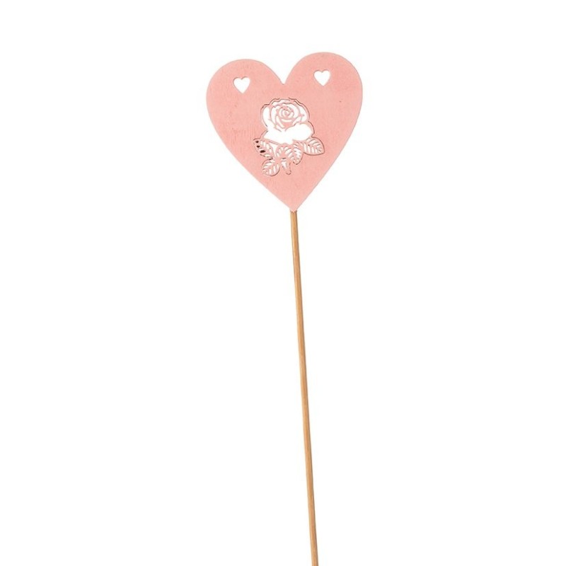 Pique cœur rose en bois à rose ajourée 7 x 6 H.50 cm  grossiste en piques de fête des mères