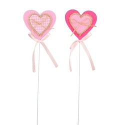 Pique cœur rose en tissu avec nœud de corde 7 x 7 cm  grossiste en piques champêtres