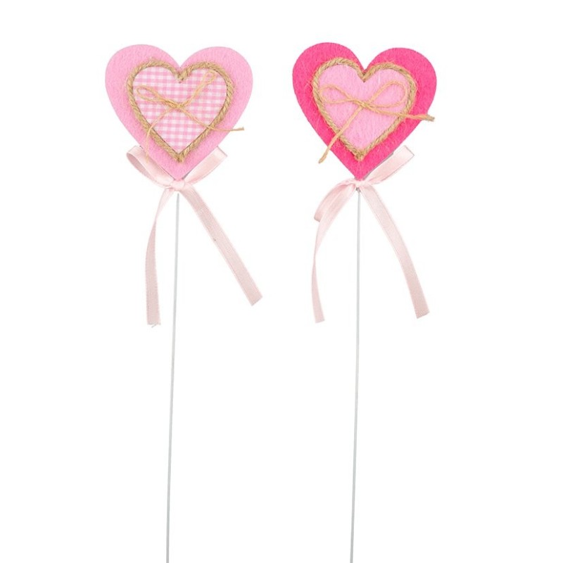 Pique cœur rose en tissu avec nœud de corde 7 x 7 cm  grossiste en piques champêtres