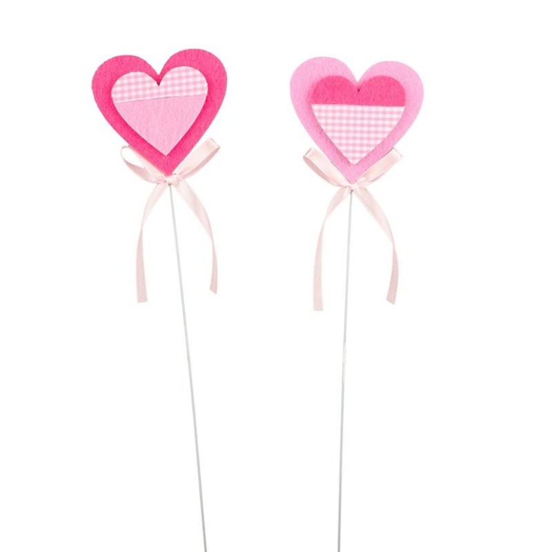 Pique cœur rose en tissu à carreaux 7 x 7 cm  vente en gros pour fleuristes