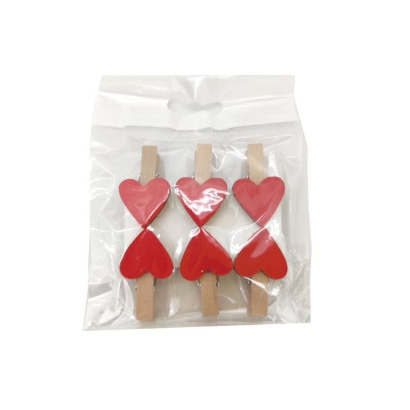 Pinces cœur rouge en bois 2 3 x 4 cm sachet de 6  grossiste en emballage cadeau