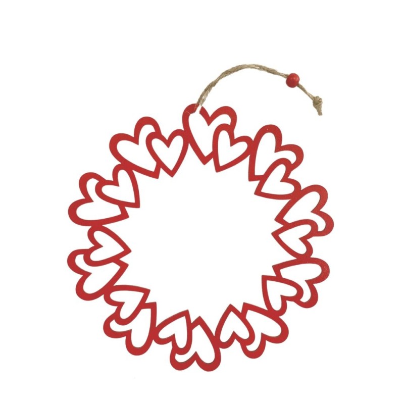 Couronne de cœurs rouges en bois ajourée Ø25 cm  grossiste en décoration de vitrine