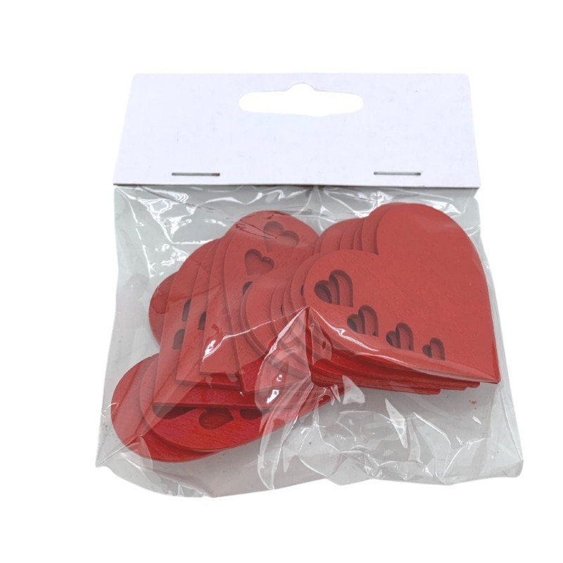 Cœurs en bois rouges ajourés Ø5 cm en sachet de 12 - vente en gros pour fleuristes