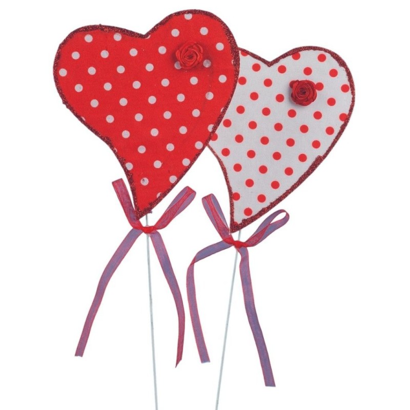 Pique cœur à pois avec petite rose H.35 cm  lot de 12 - grossiste en piques de Saint-Valentin