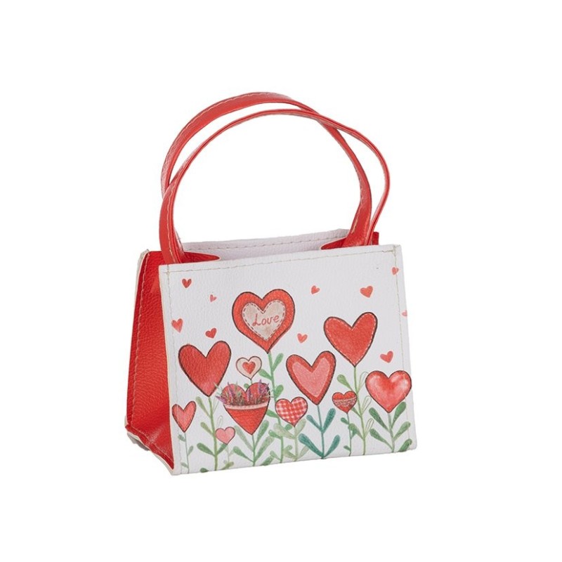 Sac cadeau blanc à fleurs-cœurs en tissu 16 x 11 H.13 cm - grossiste en sacs cadeau