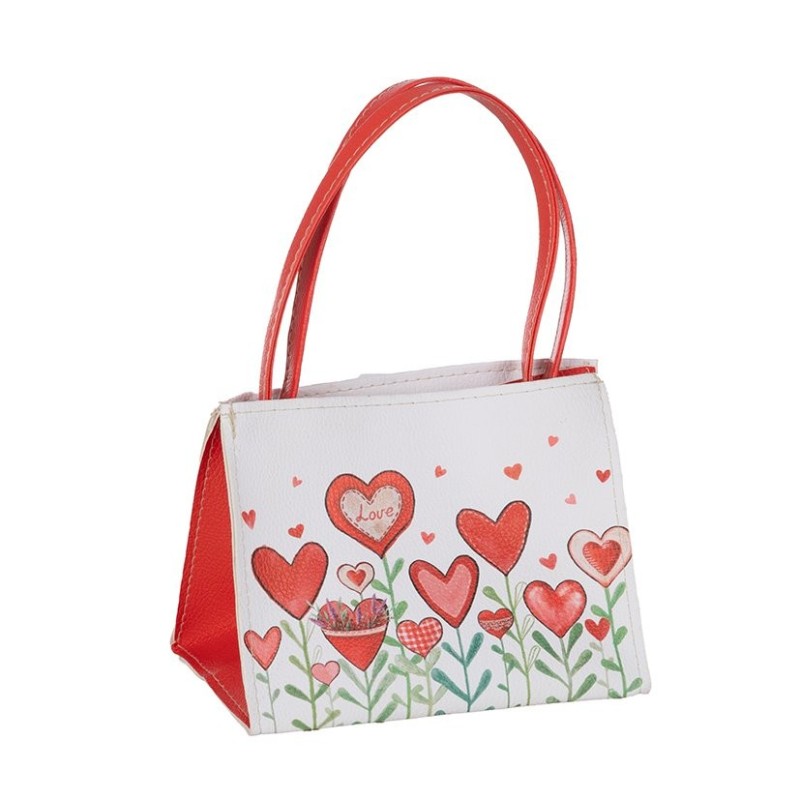 Petit sac cadeau blanc à fleurs-cœurs en tissu 13 x 8 H.11 cm - grossiste en sacs cadeau
