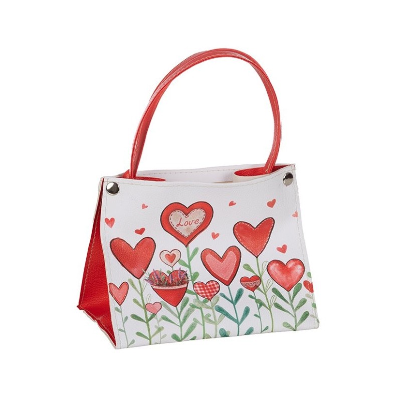 Sac cadeau blanc à fleurs-cœurs en tissu 19 x 11 H.27 cm - grossiste en sacs cadeau