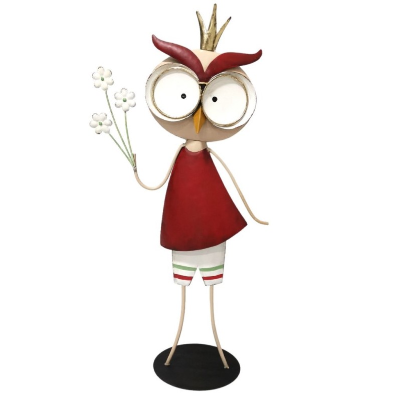Hibou aux grands yeux tenant des fleurs en métal H.65 5 cm - grossiste en décoration de vitrine