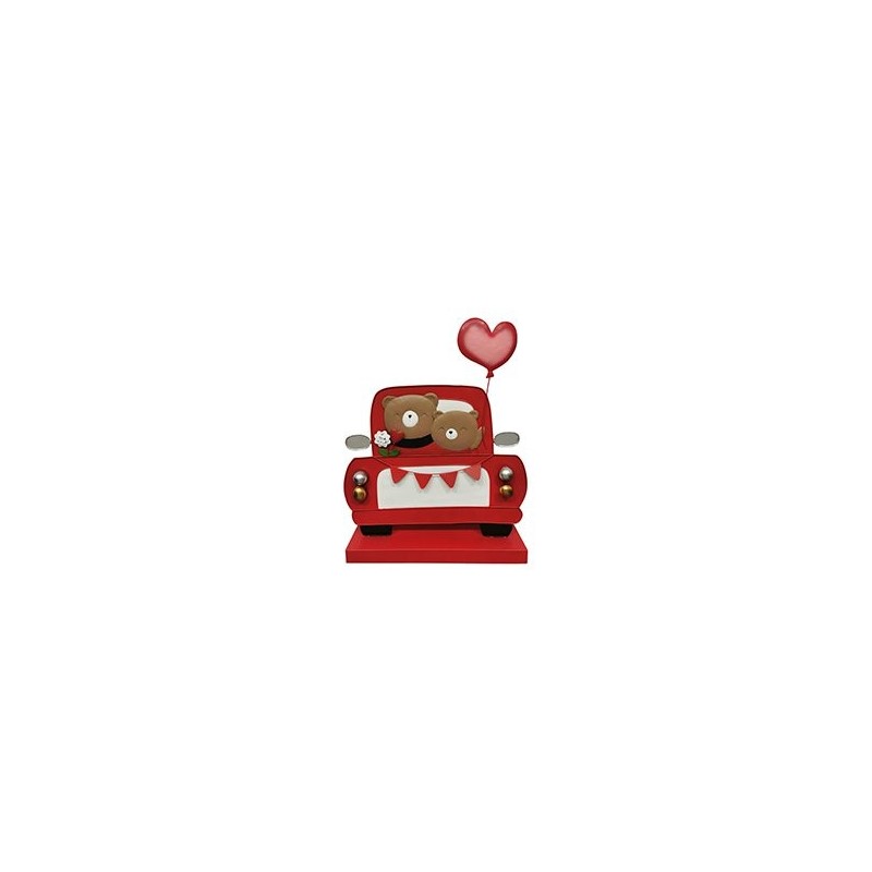 Voiture de face avec oursons et cœur rouge en métal H.36 cm - grossiste en décoration de Saint-Valentin