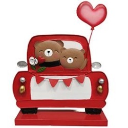 Grande voiture de face avec oursons et cœur rouge en métal H.80 cm - grossiste en décoration de vitrine