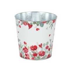 Cache-pot blanc à roses et cœurs rouges en fer-blanc Ø17 5 cm - grossiste en cache-pots pour fleuristes