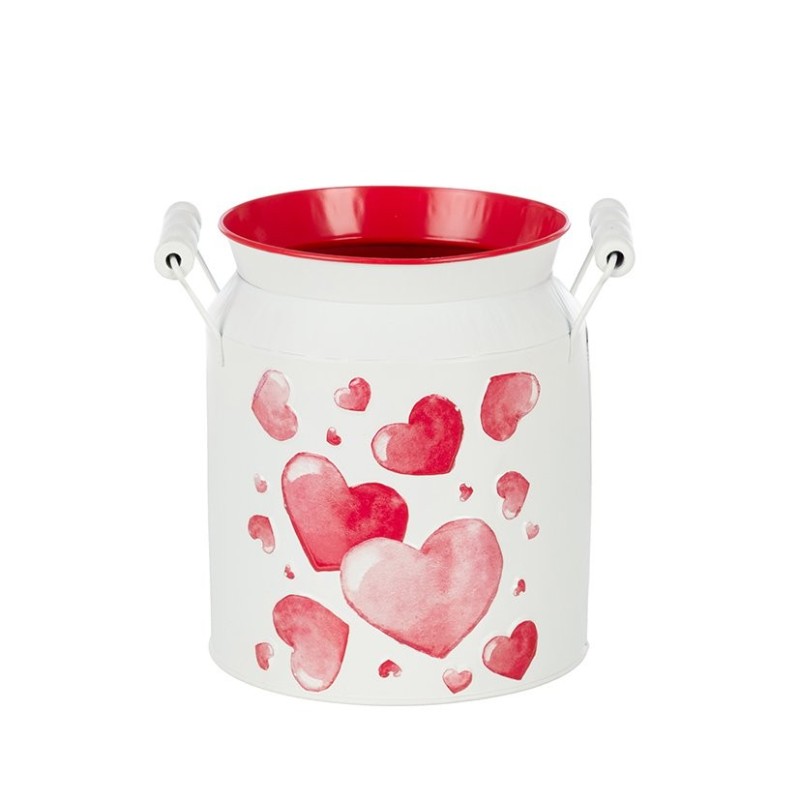 Pot à lait blanc à cœurs rouges en fer-blanc Ø14 5 H.19 cm - grossiste en contenants pour fleuristes