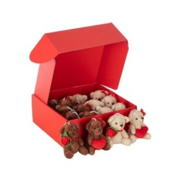 Petits oursons en peluche assis H.11 cm en présentoir - lot de 16  2 couleurs et 2 décors assortis - grossiste en peluches