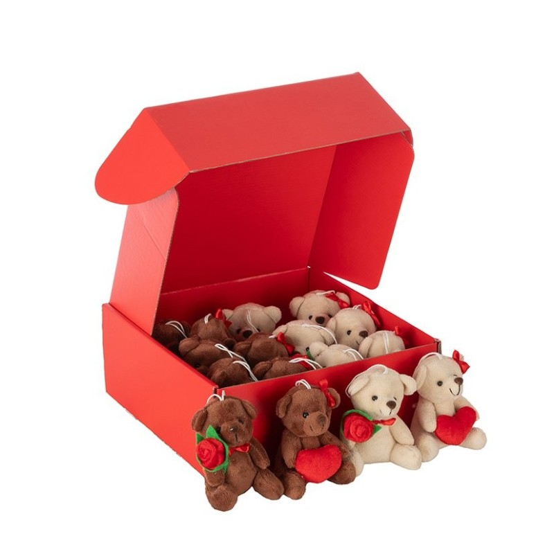 Petits oursons en peluche assis H.11 cm en présentoir - lot de 16  2 couleurs et 2 décors assortis - grossiste en peluches