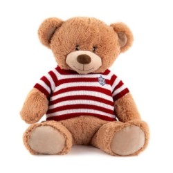 Grand ours en peluche assis H.60 cm avec pull à rayures rouge et blanc et écusson - vente en gros pour fleuristes