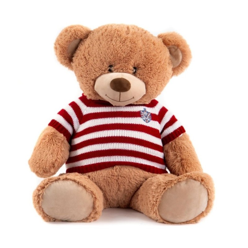 Grand ours en peluche assis H.60 cm avec pull à rayures rouge et blanc et écusson - vente en gros pour fleuristes