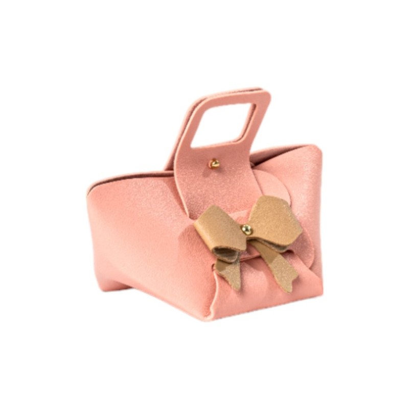 Petit sac cadeau en éco-cuir avec nœud rose poudré 15 x 9 H.11 cm - grossiste en emballage cadeau