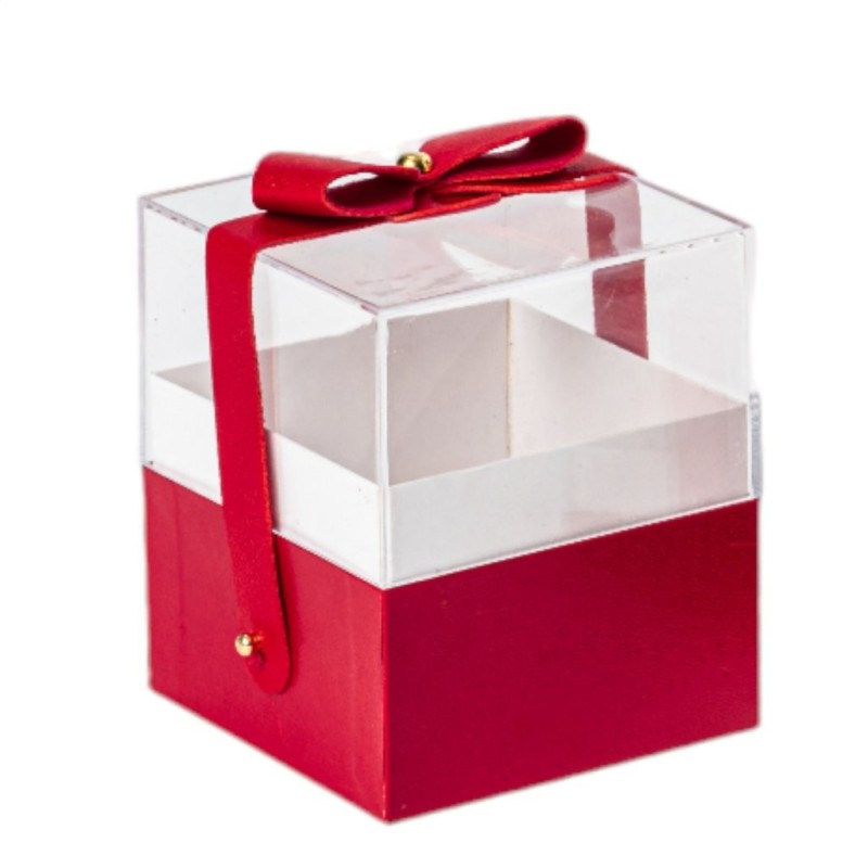 Boîte cadeau carrée rouge en plexiglas avec nœud 9 5 x 9 5 H.11 cm - grossiste en boîtes à roses