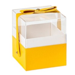 Boîte cadeau carrée jaune en plexiglas avec nœud 9 5 x 9 5 H.11 cm - grossiste en boîtes à roses