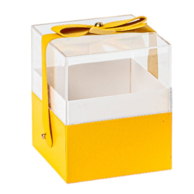 Boîte cadeau carrée jaune en plexiglas avec nœud 9 5 x 9 5 H.11 cm - grossiste en boîtes à roses